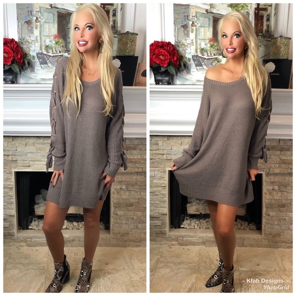 🛍LAST 1! Lace Up Sleeve Mocha Sweater Dress! - Picture 5 of 5